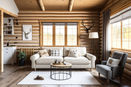 Log cabin living rooms are white and beige. windows carpet fabric sofa. Farmhouse interior frame mockupの素材