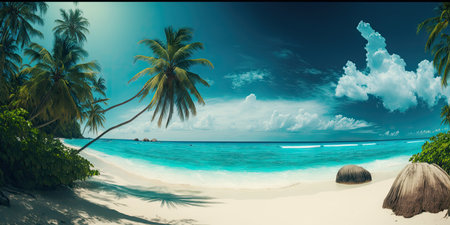 Wide panorama background concept of a tropical paradise beach with white sand and coco palms for travel and tourismの素材