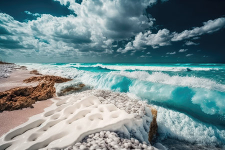 Waves crashing on the shore. Stunning Florida beach with white clouds against a blue sky and sea foam. Boca Raton Florida USA Red Reef Parkの素材