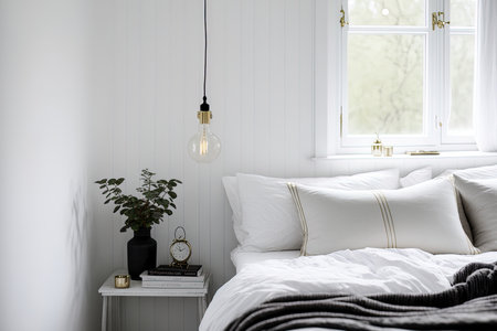 White bedroom interior with a simple bulb lamp suspended from a rope over the bed books white sheets and a gold fern leaf on an end tableの素材