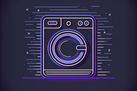 Violet line Dark blue background with a washer and t shirt emblem. Icon of a washing machine. Laundry machine and washer. Appliance related symbol Banner with fluid shapes that is abstract. a bの素材