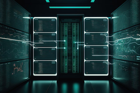 image of a server room processing financial data Conceptual graphic representing global business finance and digital interfaceの素材