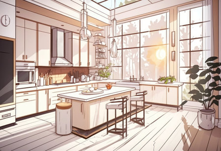 trendy modern interior design of a large studio in white and beige colors with large floor to ceiling windows. area of white kitchen with an island and a recreation areaの素材