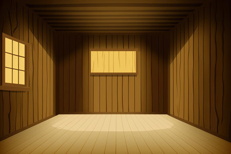wooden walls ceiling and floor in an empty room. Game background featuring a textured cartoon wood box. 2D illustration of an abstract interior of a barn farm or ranch with brown or yellowの素材