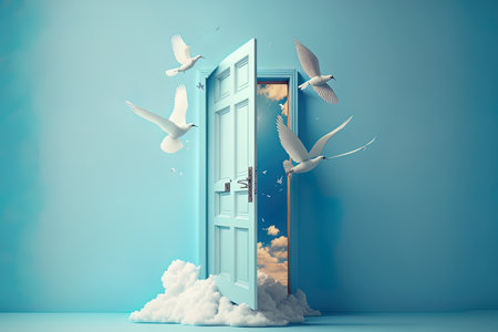white fluffy clouds passing through birds soaring out an open door and solitary items on a blue background. Abstract metaphor contemporary minimal concept Door to Haven. bizarre dream scenarioの素材