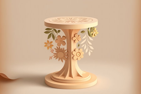 wooden pedestal with geometric shapes for goods displays. on a white and beige background with a floral shadow are shapes that are circular and square. stands for cosmetics presentationの素材