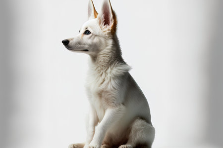 a white backdrop with a lonely dog. solitary dog on a white backdrop. puppy dog and pet. Cute active dog or other pet is playing and seems content. idea of movement activity and motion. dog cutouの素材