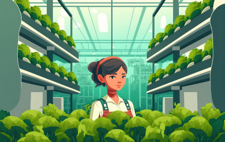 Vegetable hydroponics farm. Harvesting vegetables from her hydroponic farm a young Asian woman smiles. the idea of producing healthy food and organic cropsの素材