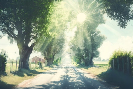 The alleyway was a gravel country road lined with towering verdant linden trees. Sunlight that is gentle sun rays. A magical forest setting. Charming views. True wilderness. Themes of beauty hopeの素材