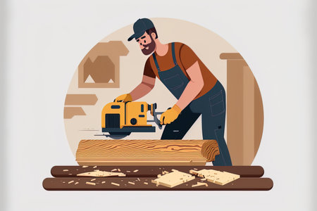 Woodwork and project with a carpenter guy working on a DIY project in his house with sandpaper for building repair and maintenance with a young male handymanの素材