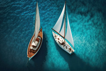 perfect setting for boating. White sailboat and brown wooden boat sailing in a blue sea. Stunning natural reproduction idea design. Summer outdoor adventure and water sportsの素材
