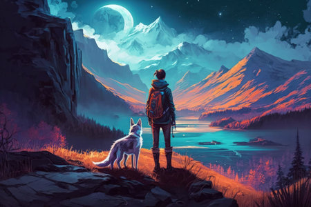 standing and admiring the beautiful lights in the valley are a traveler and their dog. digital illustration painting styleの素材