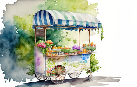 Street vendor cart made of watercolor. On a white background a cart with various home plants and a multicolored awning with one wheel is isolatedの素材