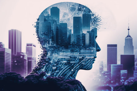 Creative AI emblem in double exposure against a background of skyscrapers in San Francisco. Concept of neural networks and machine learningの素材