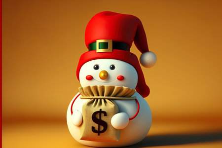Character mascot of a snowman wearing a santa hat with a knotted rustic canvas money bag or money bag with a dollar sign on a yellow backgroundの素材