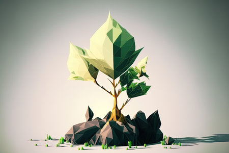 Abstract ecological notion of a plant sprout. tree seedling leaves. Protect the environment develop life and use eco polygon triangles. a low poly imageの素材