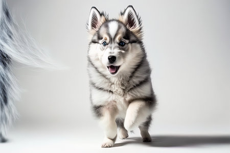 Crazy content. Posing is the husky companion dog. White studio background with a charming lively white and gray puppy or pet playing. motion activity movement and love of animals seems thrilledの素材