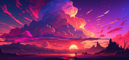 Popular background color trends in cyberpunk. Beautiful Nature with Light A colorful sunset or dawn grand and dramatic scenery Incredible clouds in a sunset sky with a purple light cloud backdropの素材
