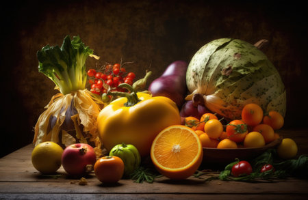 Photo taken in a studio of various fruits and vegetables on a wooden table as a background for healthy cuisineの素材