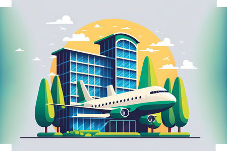 A building with a moving aircraft in bright summer hues is shown in a . suited for use in marketing and on posters covers and bannersの素材