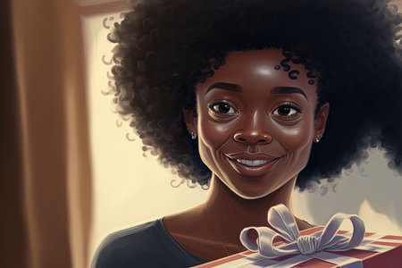 A joyful black woman with curly hair expresses her thanks for a present received on Christmas by touching itの素材