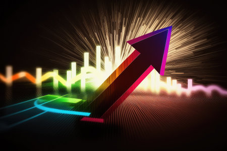 A conceptual arrow pointing in the direction of future success in business set against a graph depicting rising earnings and rising market valueの素材