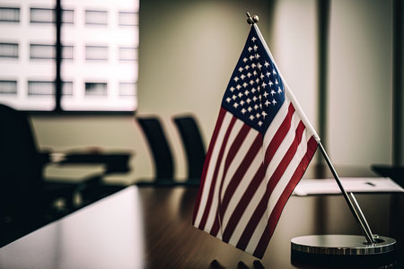 American flag on table in conference room with no one present at a global or political business event with copy space in the backgroundの素材