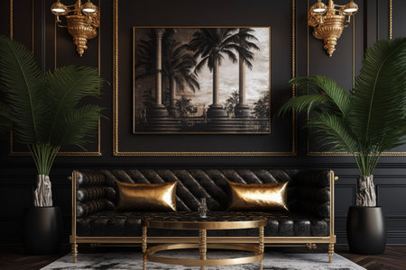 A lavish black and gold sitting room in the classically elegant style. Brown leather couches and a golden palm tree sit above a black marble floorの素材