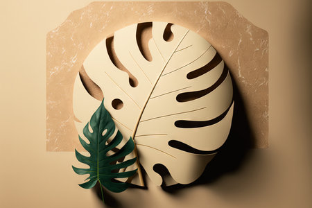A luxurious marble and brown paper background with a shadow of a tropical plant is used. branding design with natural materials and exotic plant shades. Illustration of a minimalist flat product withの素材