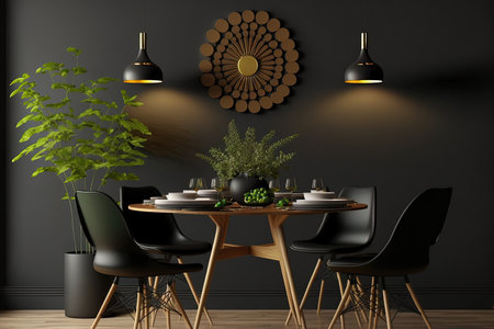 A modern dining area with a black wall a round black table in the middle and wooden chairs all aroundの素材