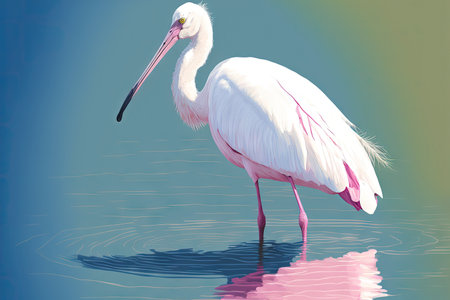 A white colored spoonbill bird is in the water. Spoonbills are a genus Platalea of large long legged wading birdsの素材