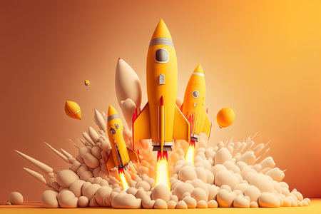 A rocket going off with other rockets laying on a yellow backdrop represents the idea of space explorationの素材