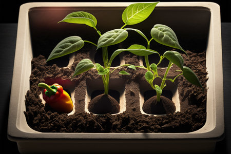 A young green bell pepper plant emerges in a seedling tray next to a window. Seedlings of Bulgarian peppers and paprika flourish in individual containers. Homestead garden. Attentional bias. Close upの素材