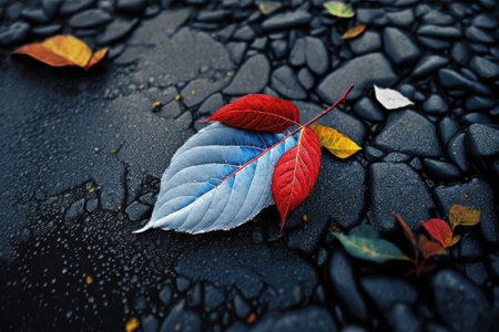 After a storm the wet pavement and puddles are covered by tiny yellow leaves. Rain in the fall makes the leaves moist and brightの素材