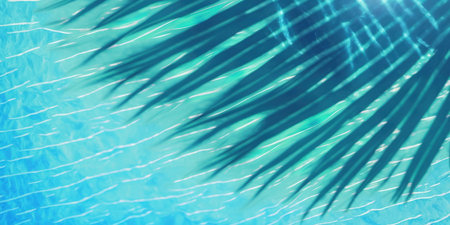 Background of water. rippled surface sunlight and transparent palm leaf shadows in a blue aqua texture. Spa background information. Banner flat lay top view and copy spaceの素材