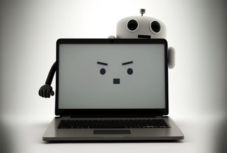 A contemporary laptop computer with a blank screen for your design and an alarm clock figure mascot are shown against a white backdrop.の素材