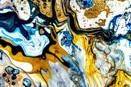 Alcohol Based Ink Patterns of Springtime Printing. The Texture of Ink Paint. Marbling resembling gold in coloration or texture. Glowing examples of contemporary art. Tones of Black Blue and Gold Wasの素材