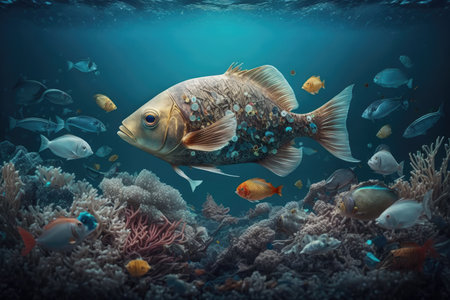 Among the plastic ocean pollution fish swim. Oceanic Sea Life is Affected by Plastic Pollution. Conceptual Environmentの素材