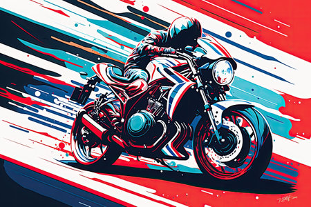 A sporty looking motorcycle painted red weaves between the lanes perilously close to oncoming vehiclesの素材