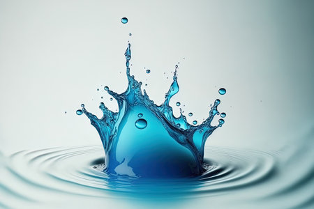 Blue drop with splashes of water. An single realistic image of fluid spilling on a white backdrop. Clear pure aqua element with swirling liquid waves and spray droplets. ad for hydrationの素材