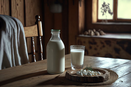 A rustic wooden table with fresh organic milk in a glass and a bottle is in the background. Kefir vegan milk vegetable milk or Turkish Ayran are all healthy beverage options. Room for textの素材
