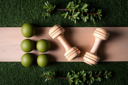 Boxwood branches two large dumbbells and some wooden Easter eggs for decoration. Concept for a healthy fitness lifestyle exercise in the gym and training. Fit copy space into a flat layの素材