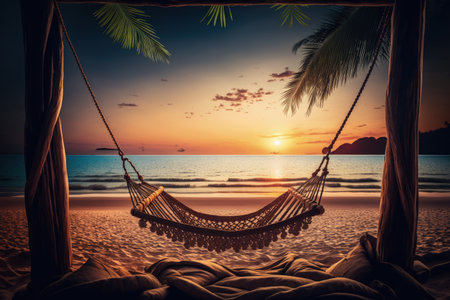 A tropical beach sunset as a summer scene with a five star resort beach palm swing hammock and a sandy seashore. Summer vacation and peaceful beach horizon scene conceptの素材