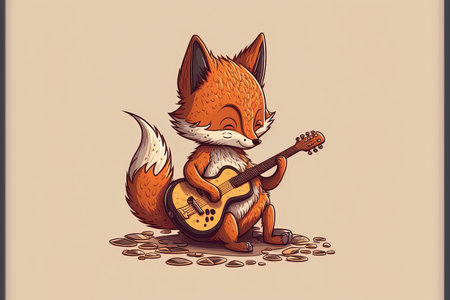 Animal music symbol concept isolated premium illustration of a cute fox playing a guitar in a cartoonの素材