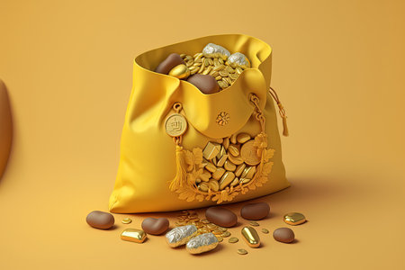 An adorable good luck bag filled with gold bars and money is shown. On a yellow backdrop an Asian festival piece is separatedの素材
