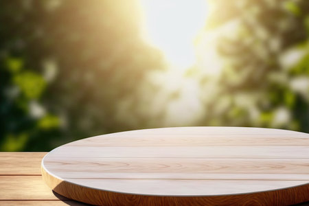 Background for products overlay that appears realistic. Close up of a round teak wood table that is empty with sunshine and a white wall in the background. Natural organic beauty is the idea. Podiumの素材