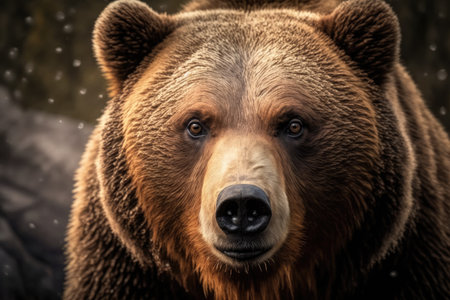 Close up detail portrait of a brown bear. animal in peril brown fur coat. Animal muzzle with eyes fixed gaze. Russian large mammal vicious animalの素材