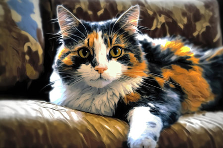 Cat with fluffy fur relaxing on the couch. The cat is depicted in its entirety. This adorable torbie cat which is primarily orange but also has white and black markings is studying the camera. A strの素材