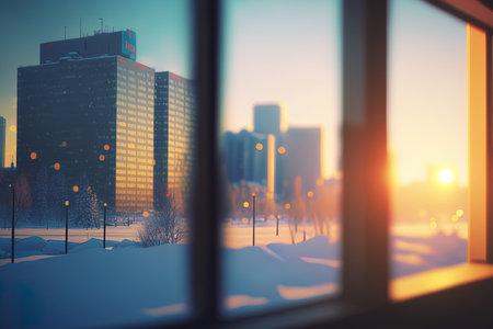 City hotel corporate building in blurry focus against a blue dawn business backdrop. View from the office window of the city skyline in the morning light. Winter day bokeh bank corporation blur outsidの素材