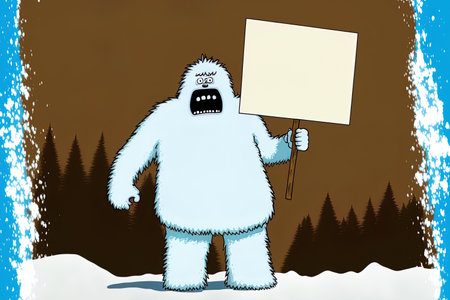 As a furious bigfoot sasquatch or snow yeti or as a big foot abhorrent snowman with an open mouth as a humorous figure with text space with components the winter monster carrying a placardの素材